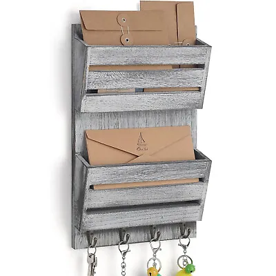Wall Mounted Wooden Mail Sorter Holder With 4 Key Hooks 2-Slot Letter Bills Gray • $17.99