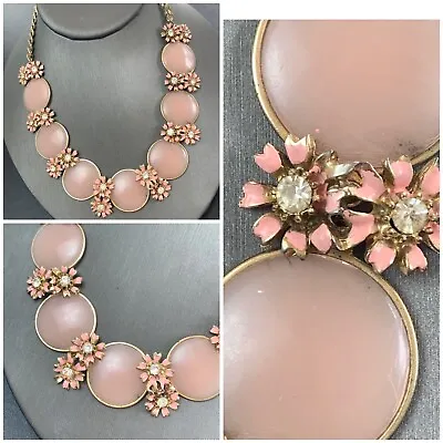 Vintage 1950’s Gold Unusual Pale Pink Enamel Flower Rhinestone Necklace 16” • $29.98