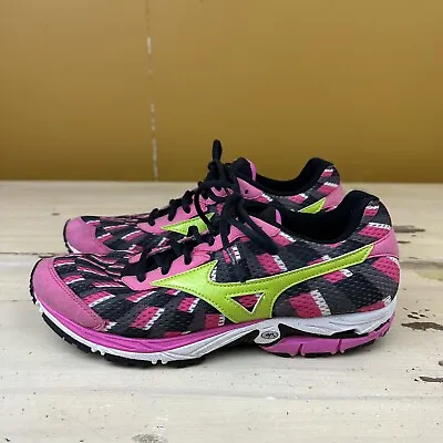 MIZUNO: Wave Elixir 8 Pink Black & Green Dynamotion Fit Running Shoes Womens 9 • $19.58