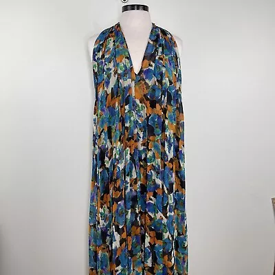 Va Va Voom Dress Womens Medium Blue Abstract Extra Long Maxi Pleated 60’s Sheer • $49.99