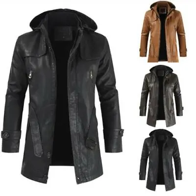 Mens Trench Coat Long Sleeves Motorcycle Biker Faux Leather Jacket Slim Outwear • $52.79