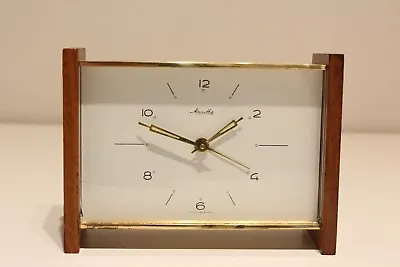 Vintage Rare Germany Desk Table  Golden Tone Metal And Wood Alarm Clock  Mauthe  • $165
