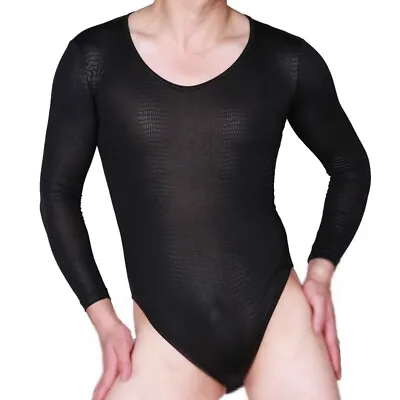 £27.26 • Buy Men Spandex Bodysuit Top Long Sleeve Snakeskin Stretch Swimsuit Leotard Catsuit