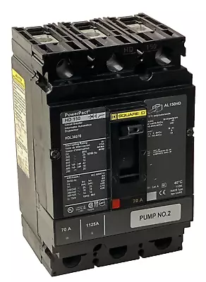 Square D HDL36070 Circuit Breaker 70 Amp 3 Pole 600VAC PowerPact HD 150 6 LUGS • $314