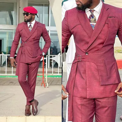 Burgundy Men's Suits 2 Pieces With Belt Slim Fit Wedding Groom Business Tuxedos • $71.88