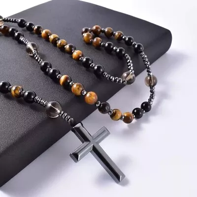 Tiger's Eye Onyx Beaded Catholic Christ Hematite Cross Pendant Necklace For Men • $17.30