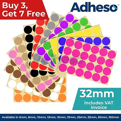 Adheso 32mm Coloured Dot Stickers Round Sticky Dots Adhesive Circles Labels • £0.99
