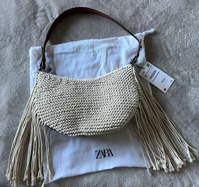 New Zara Fringed MacramÉ Shoulder Bag White • £84.54