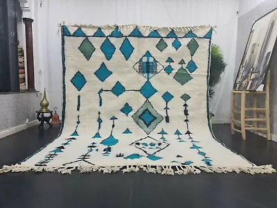 Moroccan Handmade Beni Ourain Rug 7'8 X9'5  Berber Geometric Blue Green Wool Rug • $810