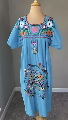 Vintage Mexican Artisan Fiesta Floral Embroidered Cotton Maxi Dress Women's M • $64.99