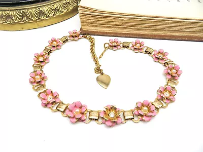 Vintage Gold Pink Enamel Rhinestone Flower Book Chain Style Choker Necklace RR67 • $20.39