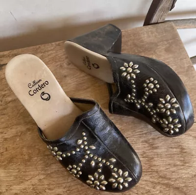 CALLEEN CORDERO Black Distressed Studded Leather Wood Clogs 6.5 Made In CA USA!! • $149.99