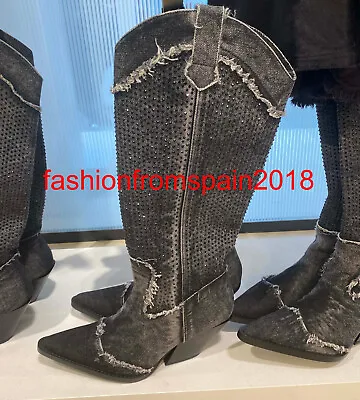 $139.99 • Buy Zara New Woman Rhinestone Denim Cowboy Boots Black 35-42  3050/210