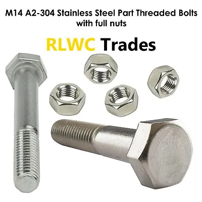 M14 (14mm) A2-304 PART THREADED BOLTS AND FULL NUTS STAINLESS STEEL DIN 931 • £7.23