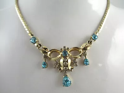 Signed Mazer Bros Vintage Light Blue And White Rhinestone Pendant Necklace 14.5  • $139