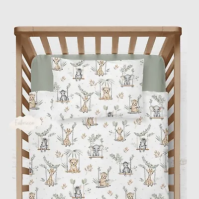 Sage Safari Cot Bed  Bedding Set Duvet Cover Pillowcase Baby Jungle Cotton • £24