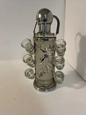 Vintage Libbey Silver Leaf Glass Liquor Pump Decanter And Six Shot Glasses • $45