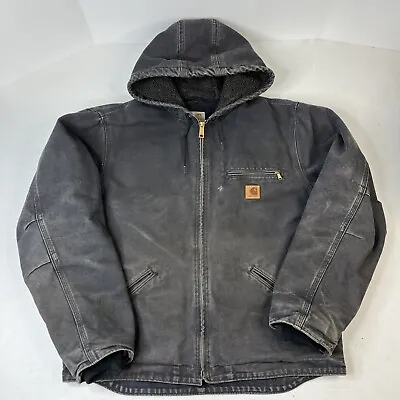 Carhartt Black Hooded Jacket Large Sherpa Lined Duck Distressed J141 BLK • $120