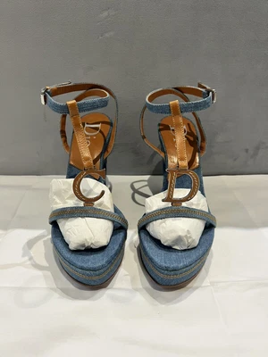 £250 • Buy Christian Dior Denim And Leather Wedges With Floral Embroidery Size UK 7 EU 40