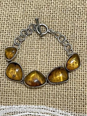 Vintage? Amber 925 Sterling Bracelet W/ Toggle Clasp.  BEAUTIFUL! • $10