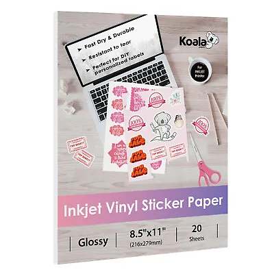 Koala Printable Vinyl Sticker Paper Waterproof Glossy White 8.5X11 Inkjet Laser • $9.99