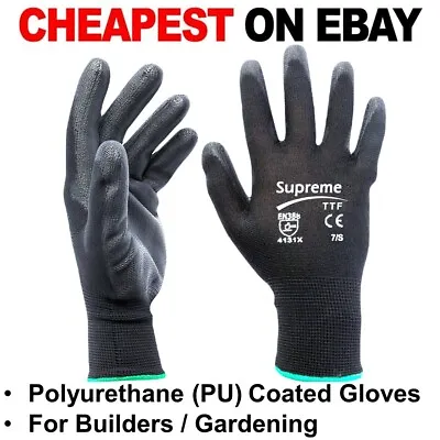 12 Or 24 Pairs Nylon PU Safety Work Gloves Builders Gardening Grip Black (S-XL) • £7.89