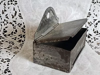 Vintage Primitive Tin Metal Lidded Match Box Holder Wall Mount • $12.99