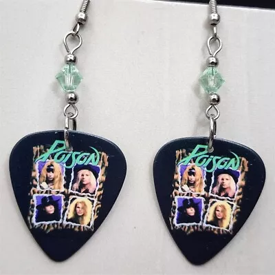 Poison Individual Pictures Guitar Pick Earrings With Green Swarovski Crystals • $7