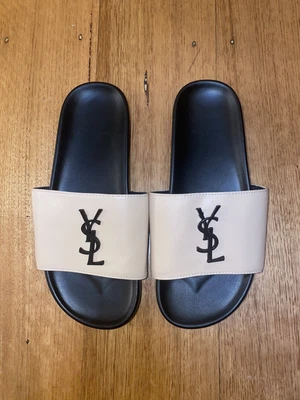 $25 • Buy Saint Laurent YSL Monogram Leather Flat Slides Sandals Shoes Nude Sz 37 6 New