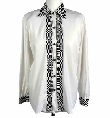 Vintage 70s White Shirt Blouse Checkerboard Pattern Dagger Collar UK 12 Retro • £10.99