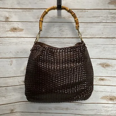 Large Gucci Bag Brown Leather Woven Bamboo Vintage Tote Shoulder Handbag P1 • $479.99