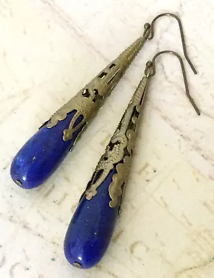 Lapis Lazuli Earrings Long Filigree Drops Art Nouveau Earrings Gemstone Jewelry • $21