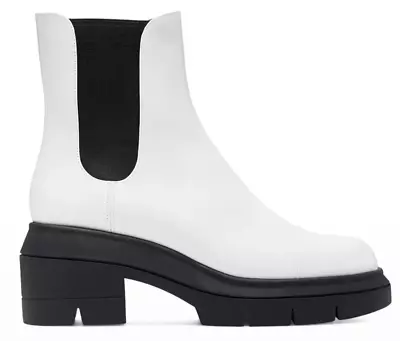 Stuart Weitzman Norah Leather Lug-Sole White Chelsea Booties Wide MSRP $550 • $175