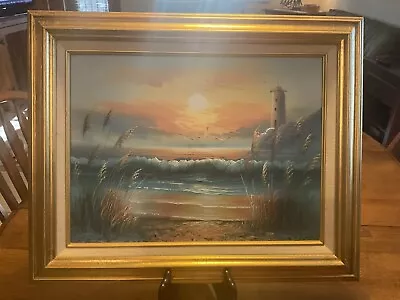 Vintage Signed Oil Painting Sea Marsh Lighthouse Sunset 17”x21” Framed Matted • $35