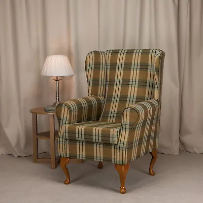 Wing Back Fireside Chair Kintyre Pampas Tartan Fabric Armchair Queen Anne UK • £453.68