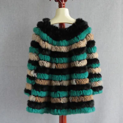 Rabbit Fur Coat Slim Fit Mid Long Round Neck Korean Womens Luxury Jacket Parka • $113.56