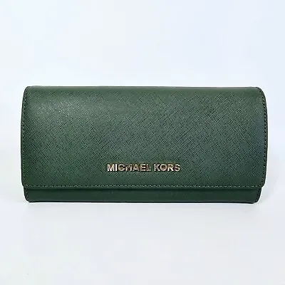Michael Kors Women Green Moss Saffiano Leather Jet Set Travel Carryall Wallet • $49.95