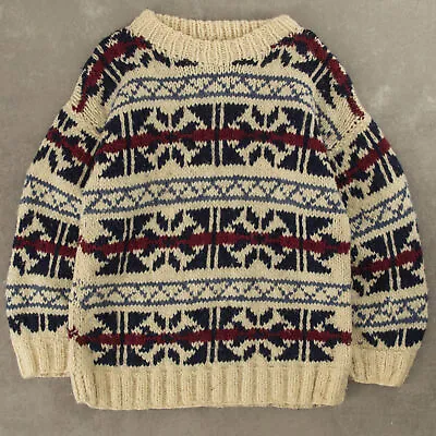 Vintage 80s Ecuadorian Hand Knit Patterned Knitted Jumper XL Wool Men's Cream • $50.53