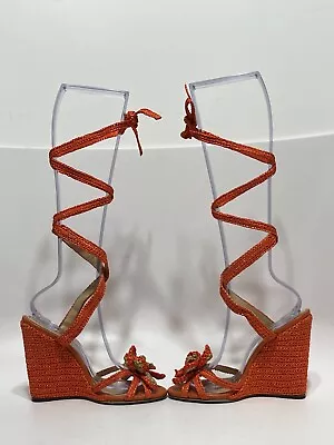 Vtg Dolce & Gabbana Orange Flower Lace Up Wedge Heels 38.5 • $250