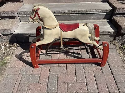 NR Antique Vintage Wooden Carved Rocking Horse Child Decorated Folk Art Pony • $228