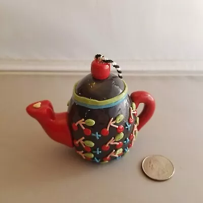 Mary Engelbreit Miniature Teapot Christmas Ornament Red Cherries Black Pot 3  • $12.99