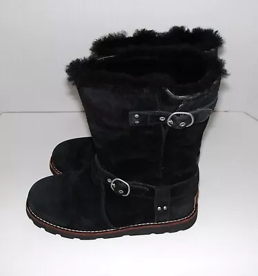 UGG Australia Noira Ankle Boots Womens Sz 7 Black Suede Leather Shearling Lined • $35.95