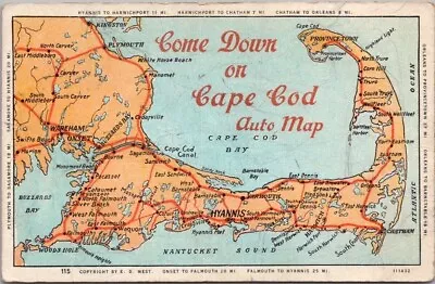 Vintage 1930s CAPE COD AUTO MAP Massachusetts Greetings Postcard Highway Map • $5.62