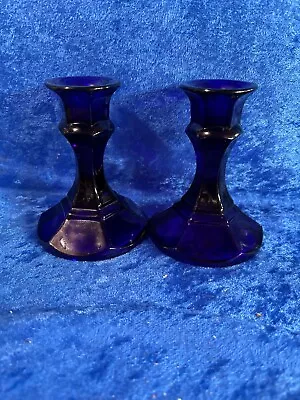 Vintage Pair Cobalt Blue Glass Candlestick Holders Indiana Glass 4.5  • $19.95