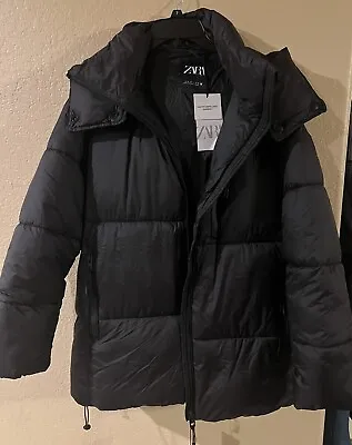 New Zara Hoodie Puffer Jacket Black 4341/711 Polyamide Women’s Small • $58.50