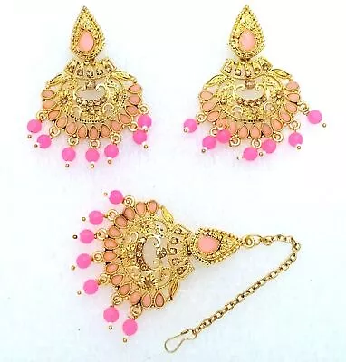 New Bridal Maang Tikka Earrings Set Bollywood Kundan CZ Gold Tone Indian Jewelry • $23.64