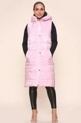 Womens Ladies Long Line Hooded Puffer Gilet Jacket Padded Vest Top Body Warmer • £25.99