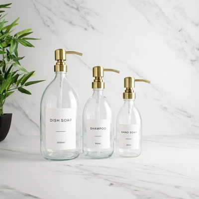 £8.99 • Buy Clear Glass Labelled Refillable Bottle With Metal Gold/Brass Pump Dispenser