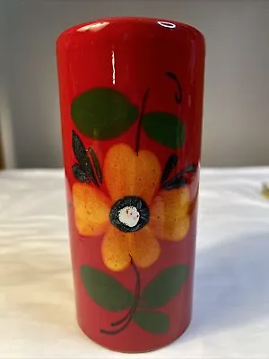 Vintage Italian Art Pottery Cylinder Vase Red With Orange Flower • $19.99