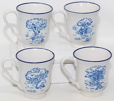 VTG Disney Winnie The Pooh Blue Toile Dinnerware Cups 4 Pcs Stoneware Handle Mug • $279.47